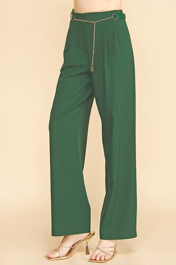 Twill Faux Gold Belt Chain Darted Waist Wide Leg Trousers