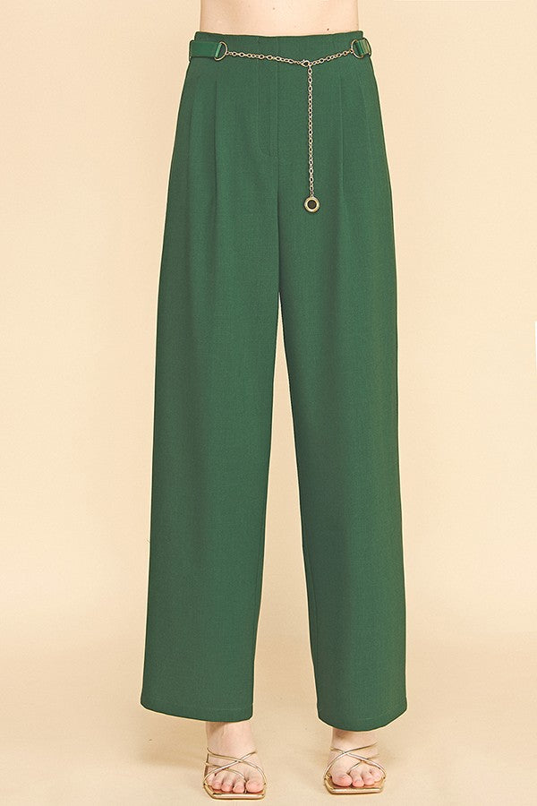 Twill Faux Gold Belt Chain Darted Waist Wide Leg Trousers