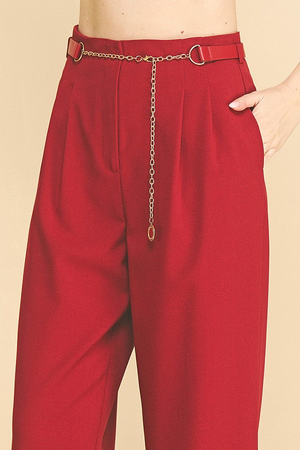 Twill Faux Gold Belt Chain Darted Waist Wide Leg Trousers
