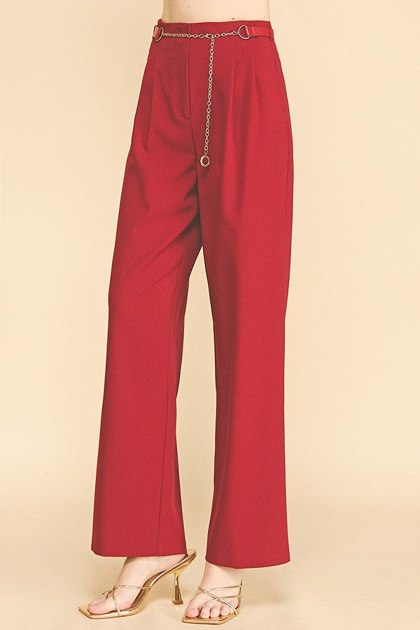 Twill Faux Gold Belt Chain Darted Waist Wide Leg Trousers