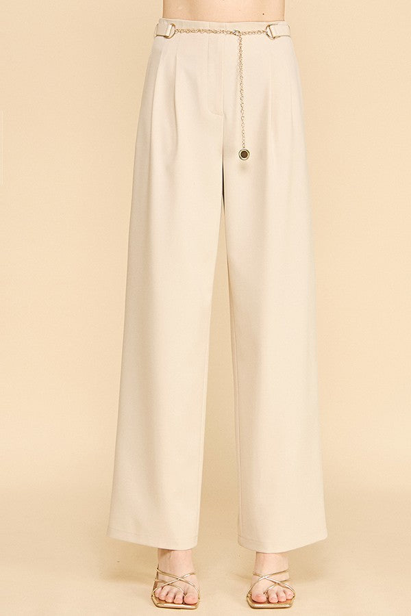 Twill Faux Gold Belt Chain Darted Waist Wide Leg Trousers