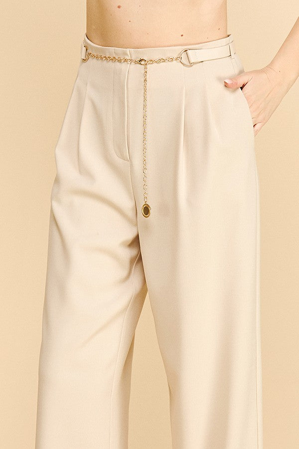 Twill Faux Gold Belt Chain Darted Waist Wide Leg Trousers