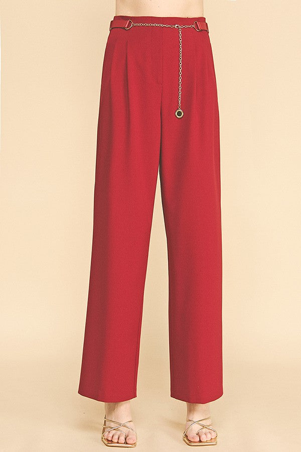 Twill Faux Gold Belt Chain Darted Waist Wide Leg Trousers