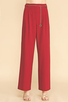 Twill Faux Gold Belt Chain Darted Waist Wide Leg Trousers