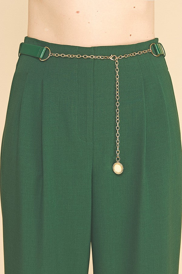 Twill Faux Gold Belt Chain Darted Waist Wide Leg Trousers