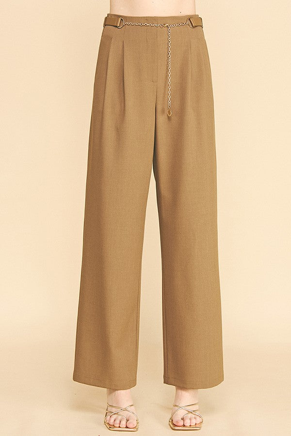Twill Faux Gold Belt Chain Darted Waist Wide Leg Trousers