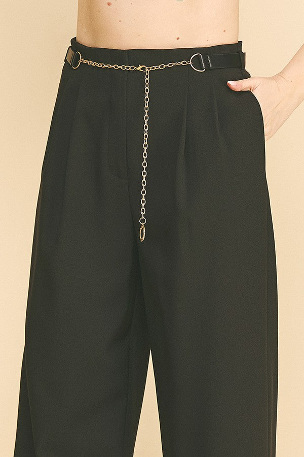 Twill Faux Gold Belt Chain Darted Waist Wide Leg Trousers