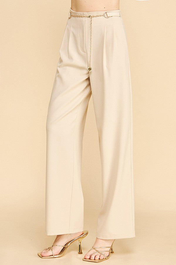 Twill Faux Gold Belt Chain Darted Waist Wide Leg Trousers