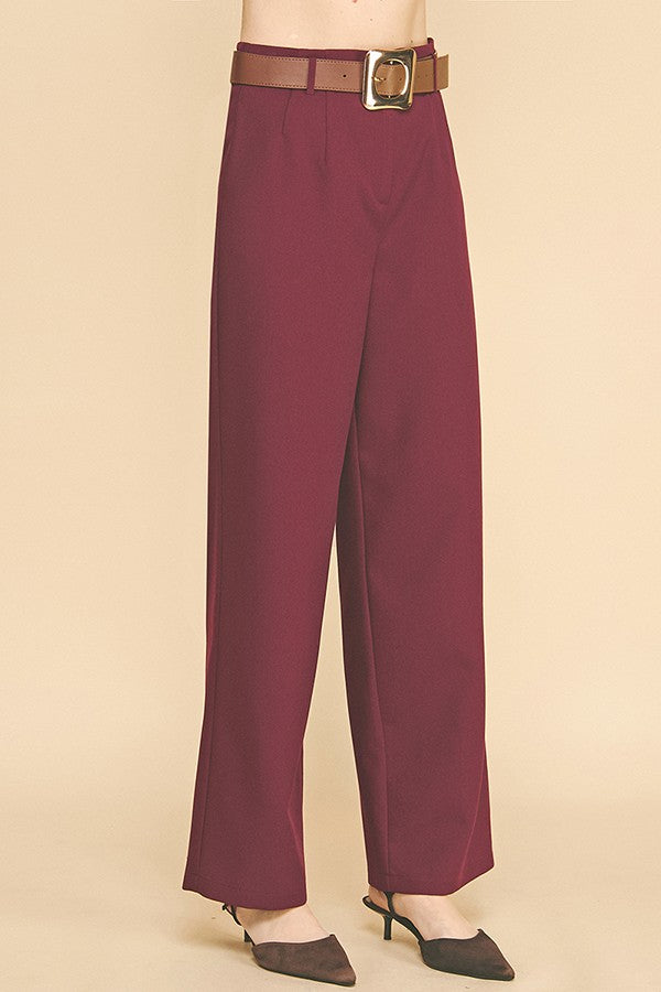 Twill Gold Buckle Leather Belted Straight Wide Leg Trousers