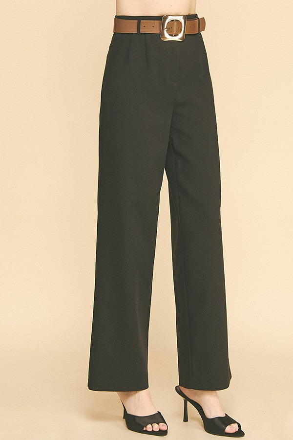 Twill Gold Buckle Leather Belted Straight Wide Leg Trousers