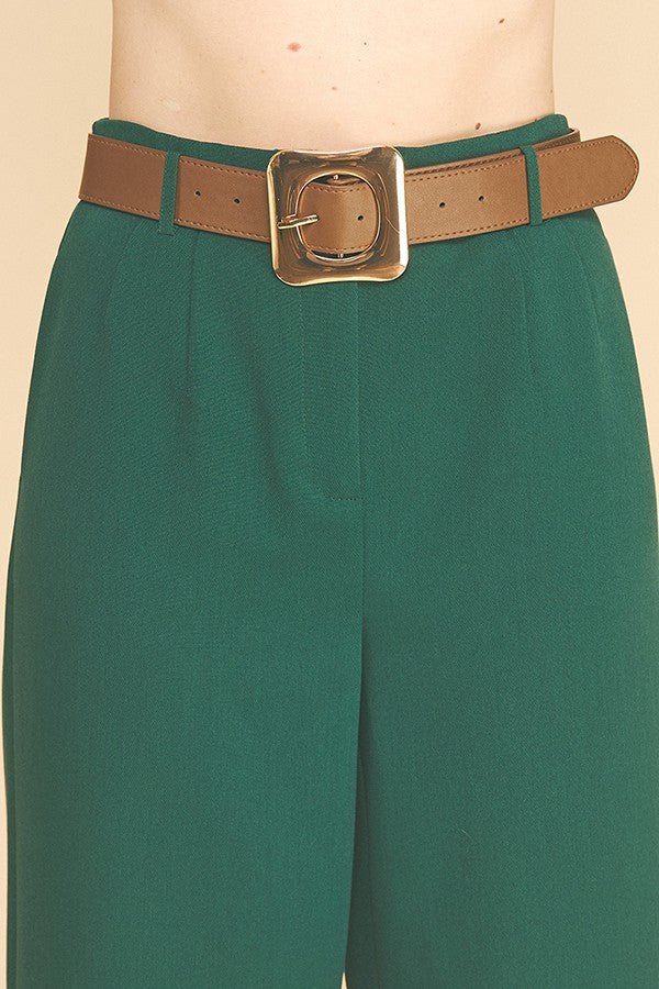 Twill Gold Buckle Leather Belted Straight Wide Leg Trousers
