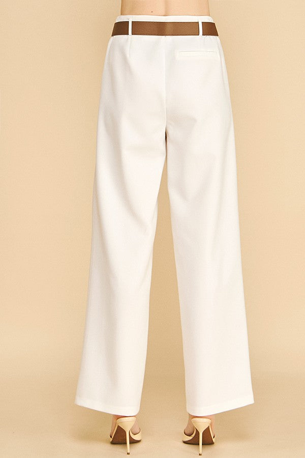 Twill Gold Buckle Leather Belted Straight Wide Leg Trousers