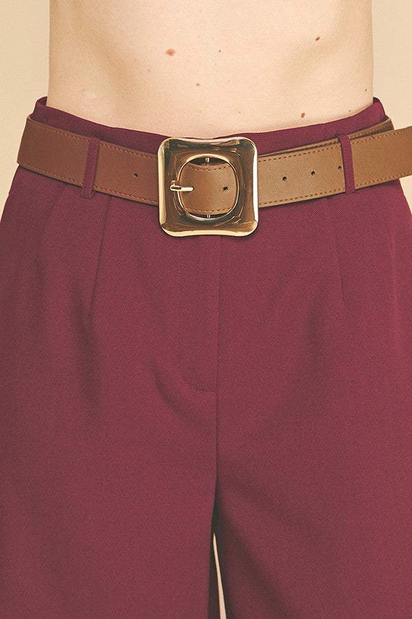 Twill Gold Buckle Leather Belted Straight Wide Leg Trousers