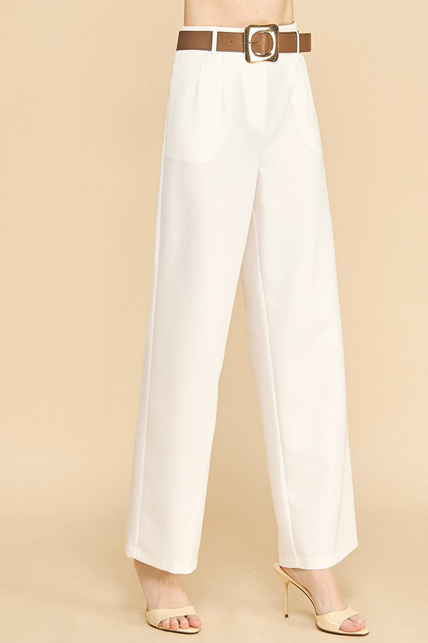 Twill Gold Buckle Leather Belted Straight Wide Leg Trousers
