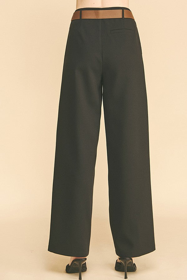 Twill Gold Buckle Leather Belted Straight Wide Leg Trousers