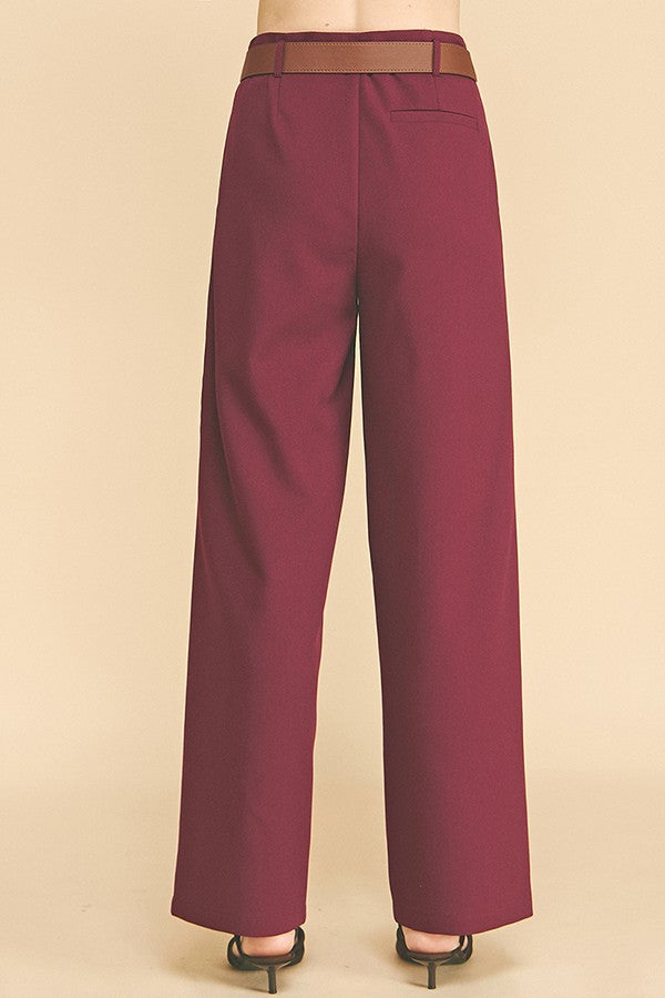 Twill Gold Buckle Leather Belted Straight Wide Leg Trousers