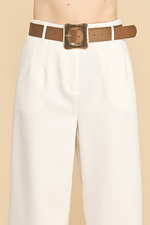 Twill Gold Buckle Leather Belted Straight Wide Leg Trousers