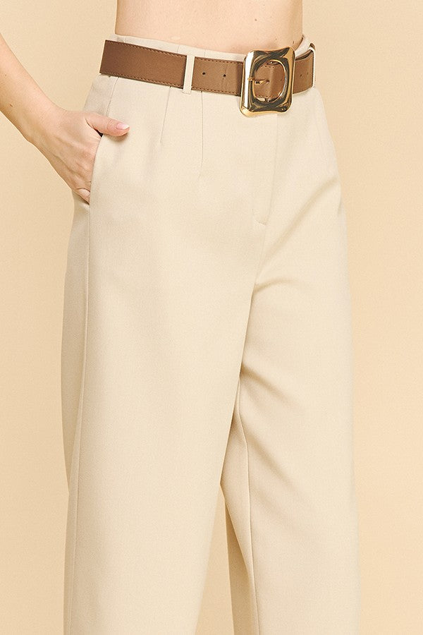 Twill Gold Buckle Leather Belted Straight Wide Leg Trousers