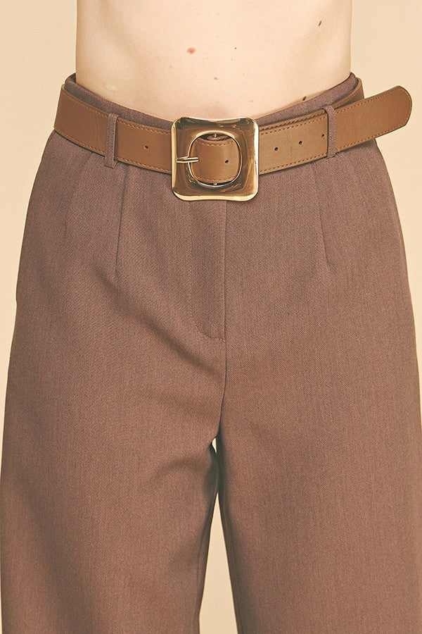 Twill Gold Buckle Leather Belted Straight Wide Leg Trousers