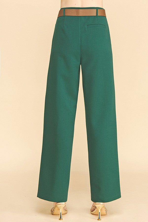 Twill Gold Buckle Leather Belted Straight Wide Leg Trousers