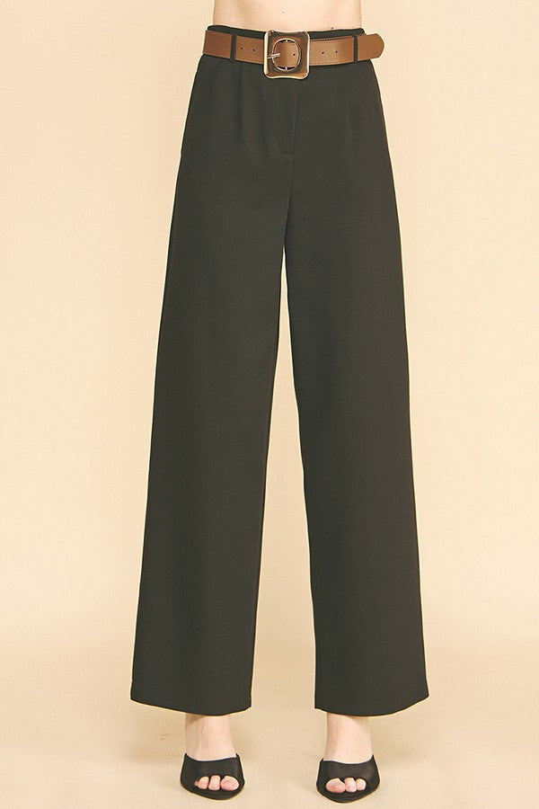 Twill Gold Buckle Leather Belted Straight Wide Leg Trousers