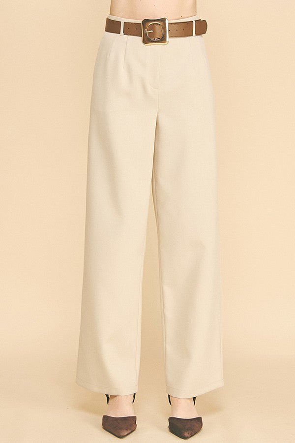 Twill Gold Buckle Leather Belted Straight Wide Leg Trousers