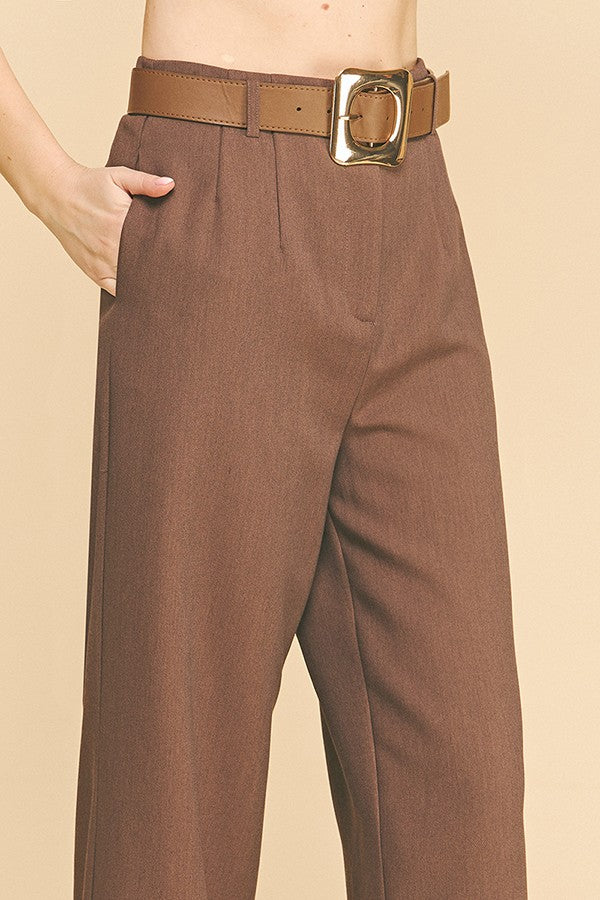 Twill Gold Buckle Leather Belted Straight Wide Leg Trousers