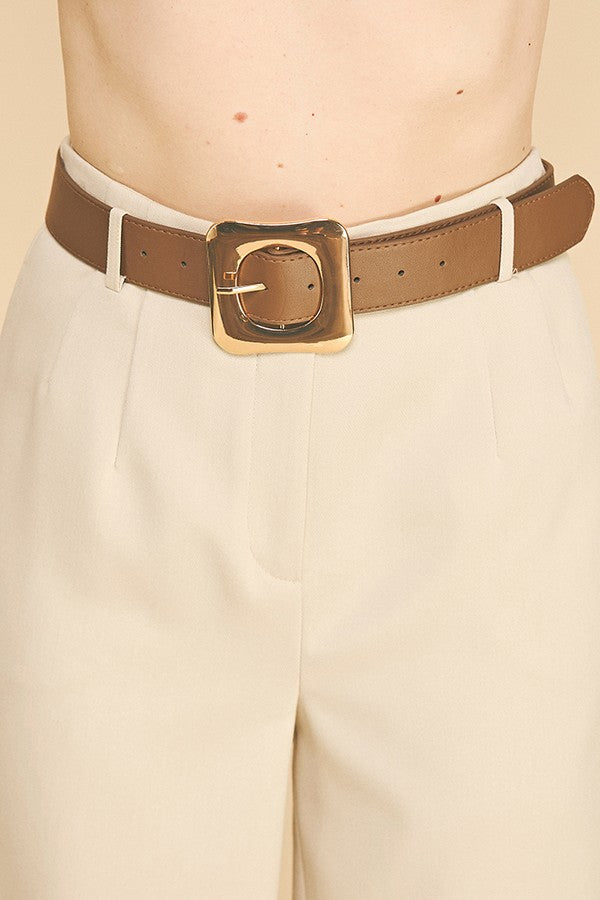 Twill Gold Buckle Leather Belted Straight Wide Leg Trousers