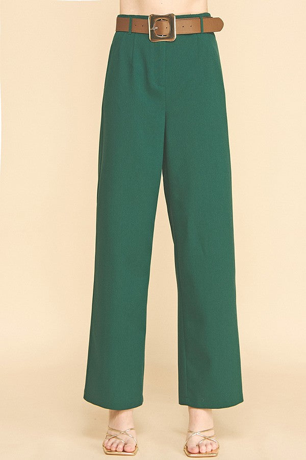 Twill Gold Buckle Leather Belted Straight Wide Leg Trousers