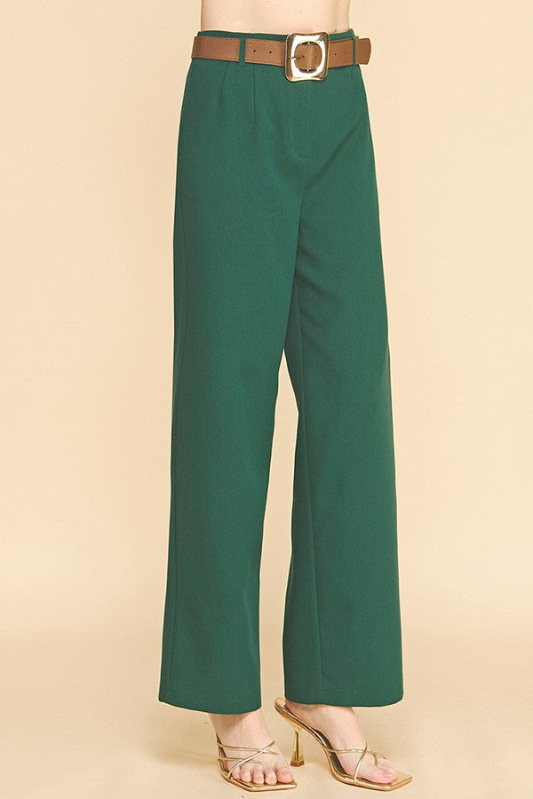 Twill Gold Buckle Leather Belted Straight Wide Leg Trousers