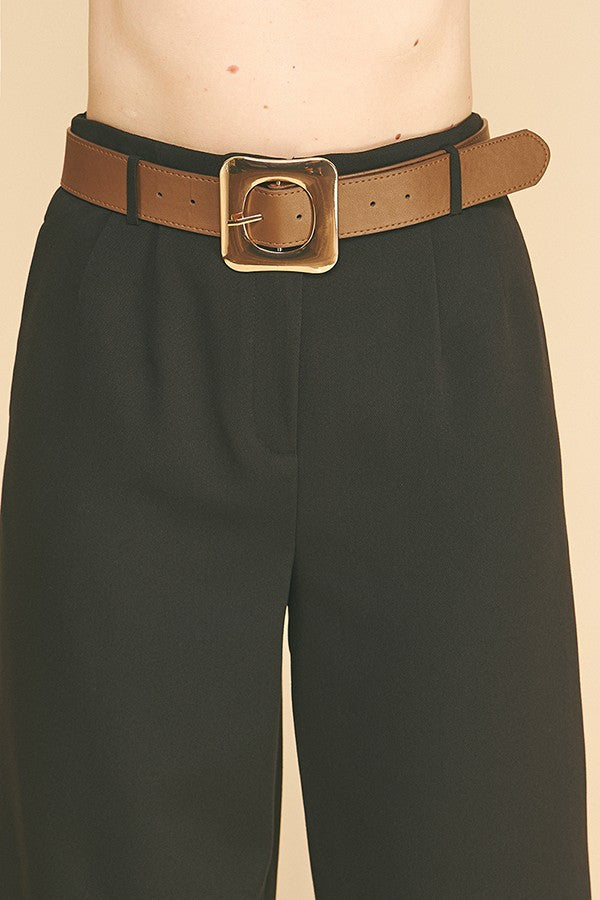 Twill Gold Buckle Leather Belted Straight Wide Leg Trousers