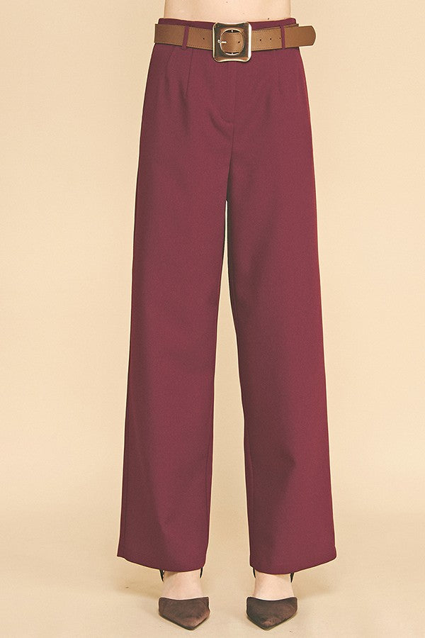 Twill Gold Buckle Leather Belted Straight Wide Leg Trousers