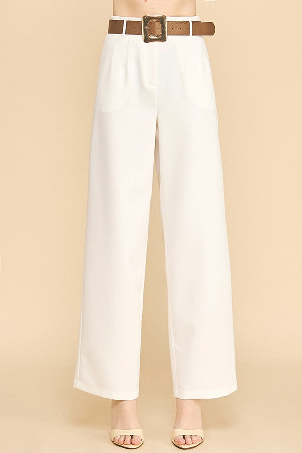 Twill Gold Buckle Leather Belted Straight Wide Leg Trousers