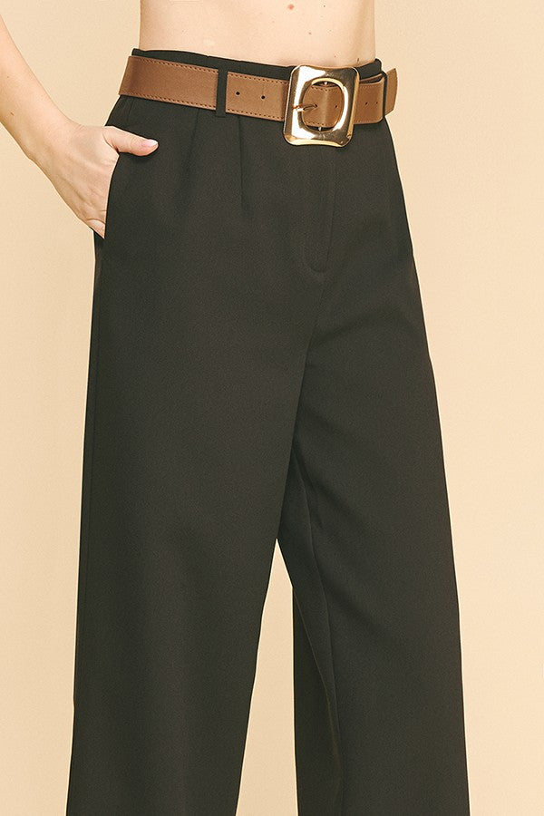 Twill Gold Buckle Leather Belted Straight Wide Leg Trousers