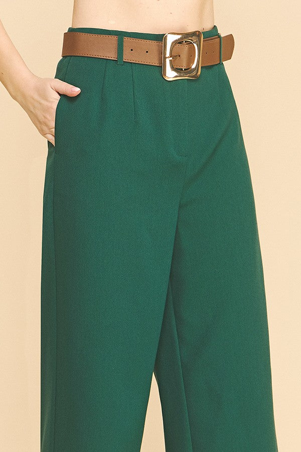 Twill Gold Buckle Leather Belted Straight Wide Leg Trousers