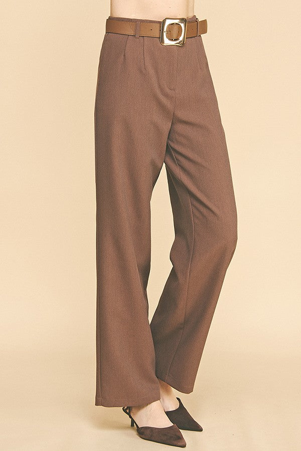 Twill Gold Buckle Leather Belted Straight Wide Leg Trousers