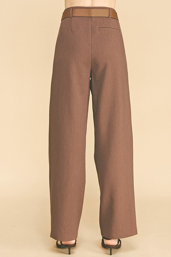 Twill Gold Buckle Leather Belted Straight Wide Leg Trousers