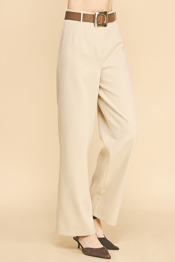 Twill Gold Buckle Leather Belted Straight Wide Leg Trousers
