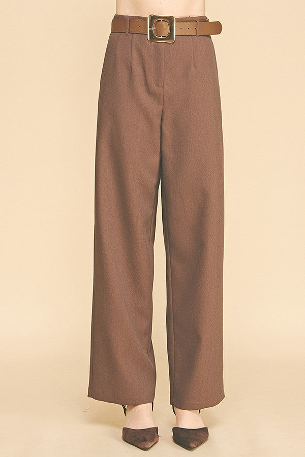 Twill Gold Buckle Leather Belted Straight Wide Leg Trousers