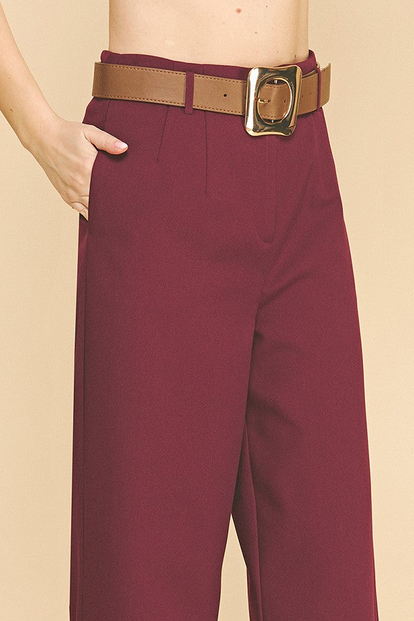 Twill Gold Buckle Leather Belted Straight Wide Leg Trousers