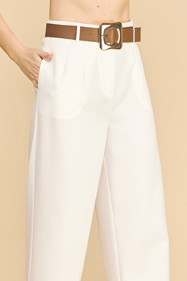 Twill Gold Buckle Leather Belted Straight Wide Leg Trousers