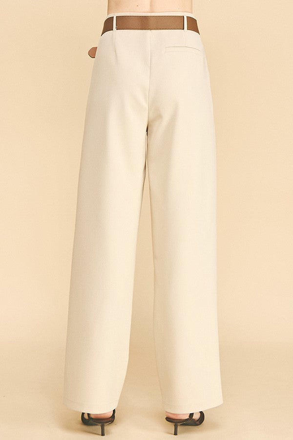 Twill Gold Buckle Leather Belted Straight Wide Leg Trousers
