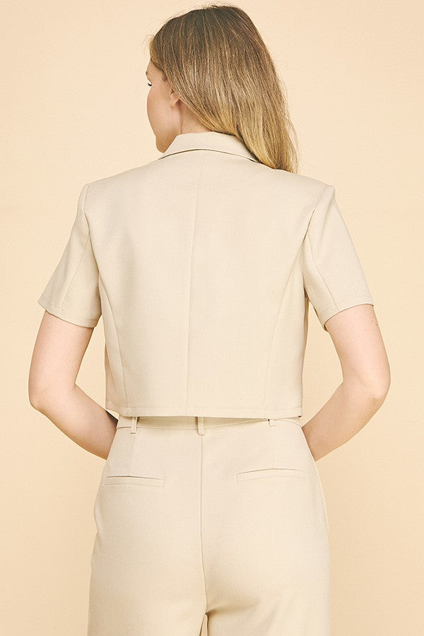 Twill Short Sleeve Cropped Blazer Jacket Top