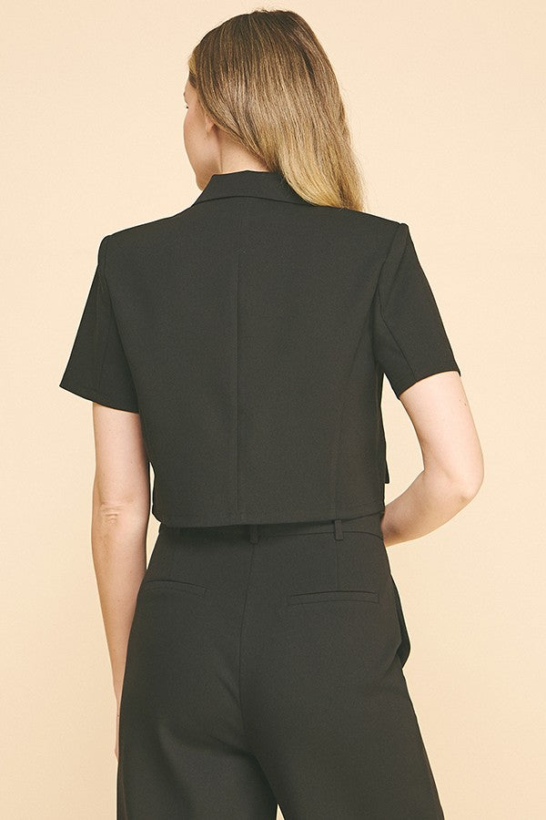 Twill Short Sleeve Cropped Blazer Jacket Top