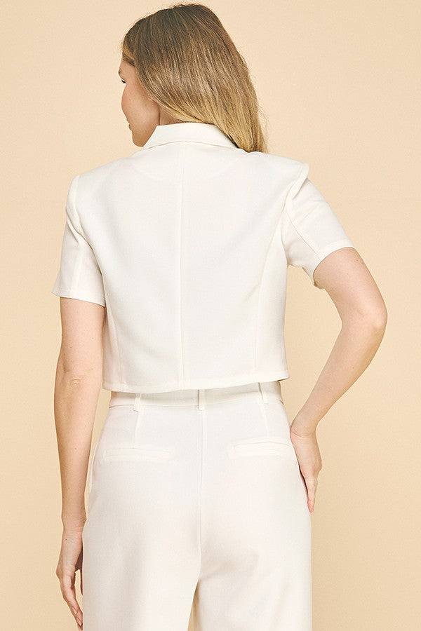 Twill Short Sleeve Cropped Blazer Jacket Top