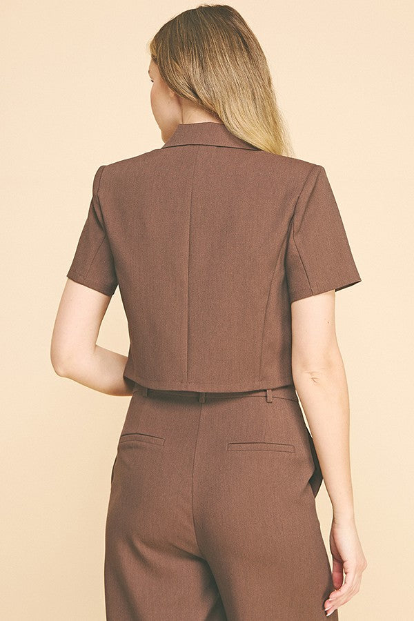 Twill Short Sleeve Cropped Blazer Jacket Top