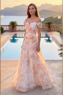 Long A Line Off Shoulder Formal Floral Evening Gown