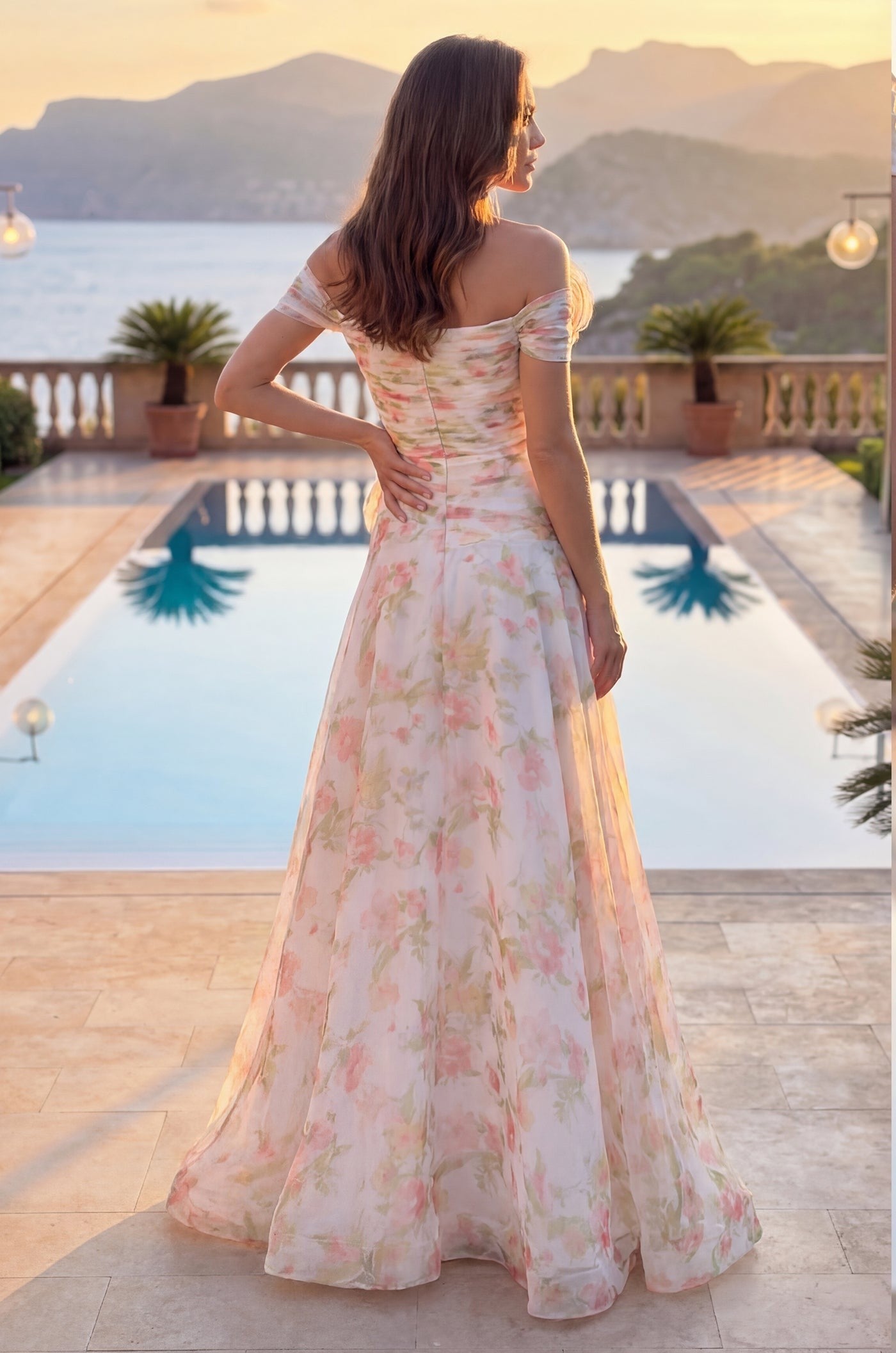 Long A Line Off Shoulder Formal Floral Evening Gown