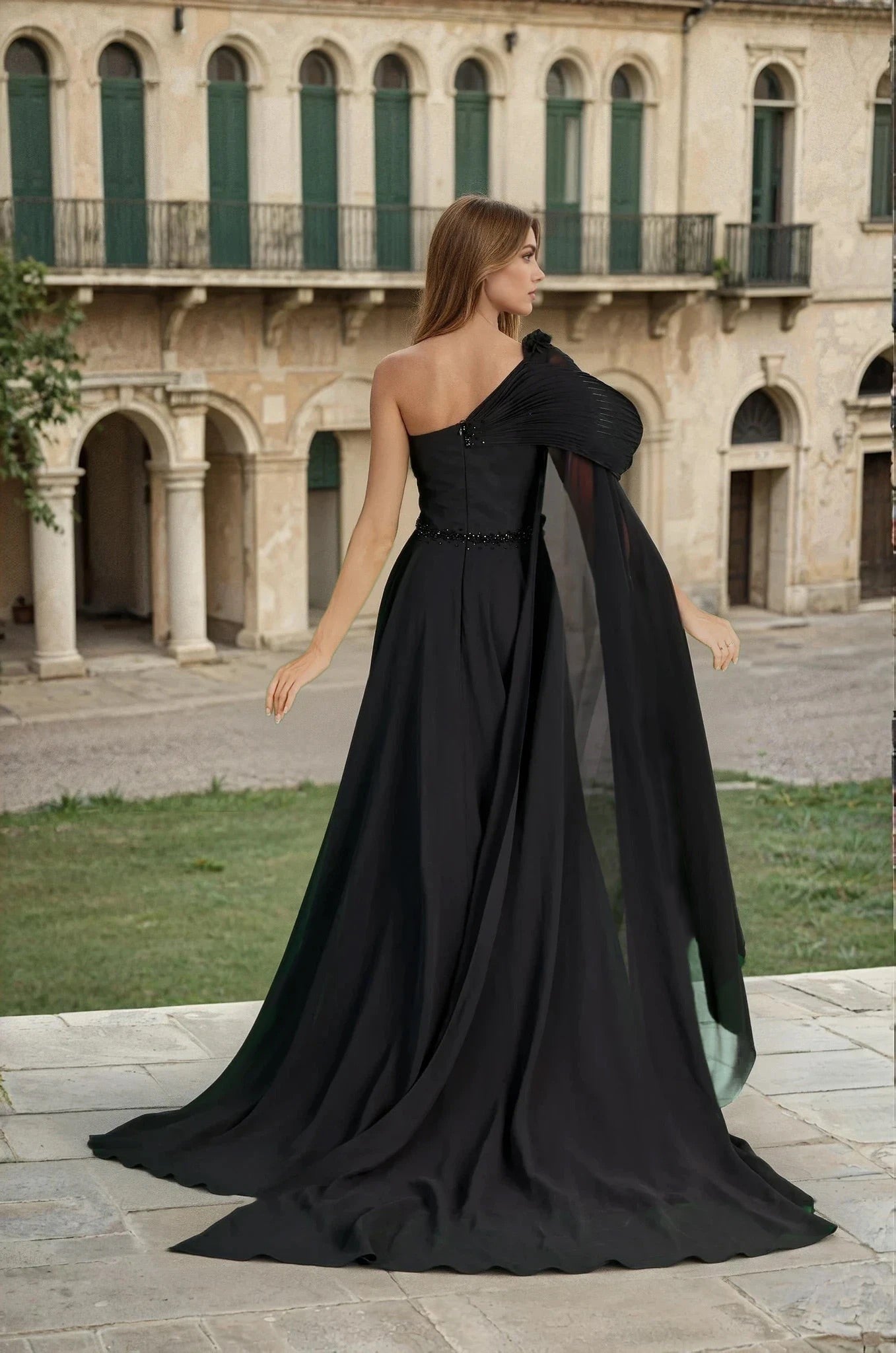 Luxury Couture Sculpted Shoulder Black Dress