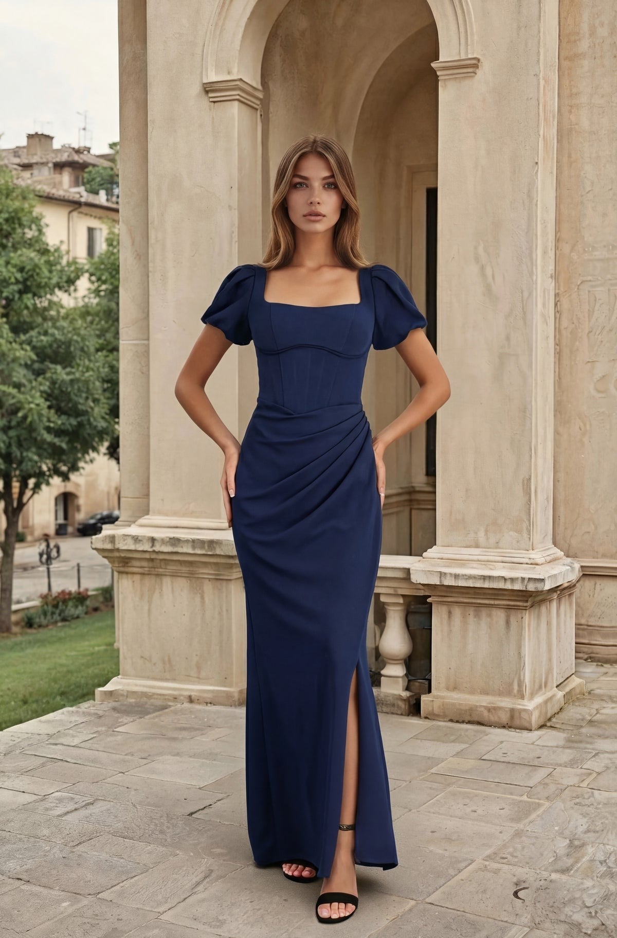 Long Corset Formal Dress Puff Sleeves